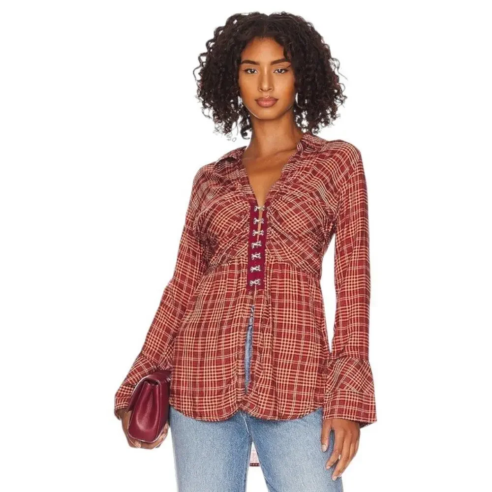 NWT Free People We The Free Red Combo Plaid Catalina Remade Shirt Combo Tunic S